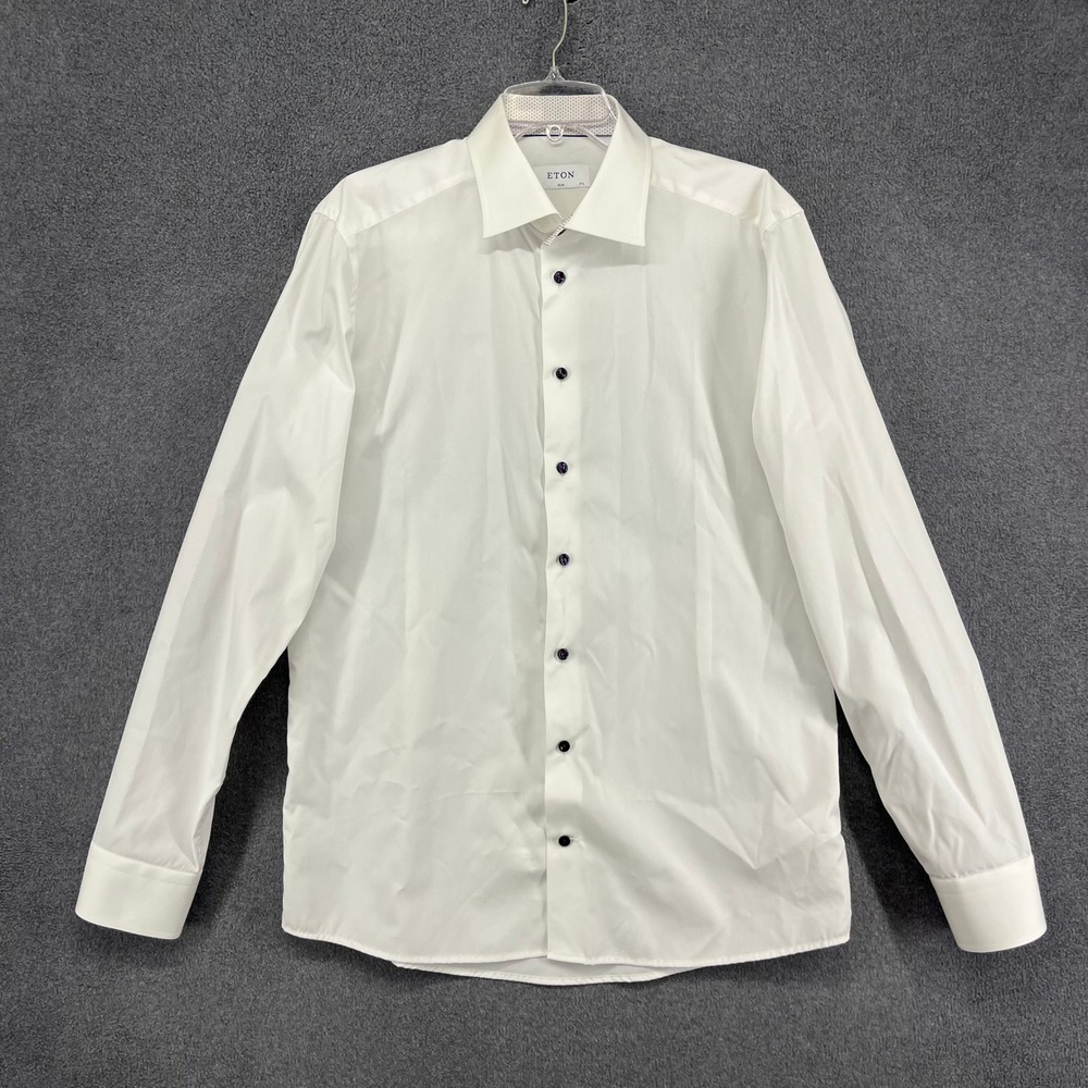 Eton Dress Shirt Mens 17.5 44 White Slim Fit Poplin Long Sleeve Contrast Trim